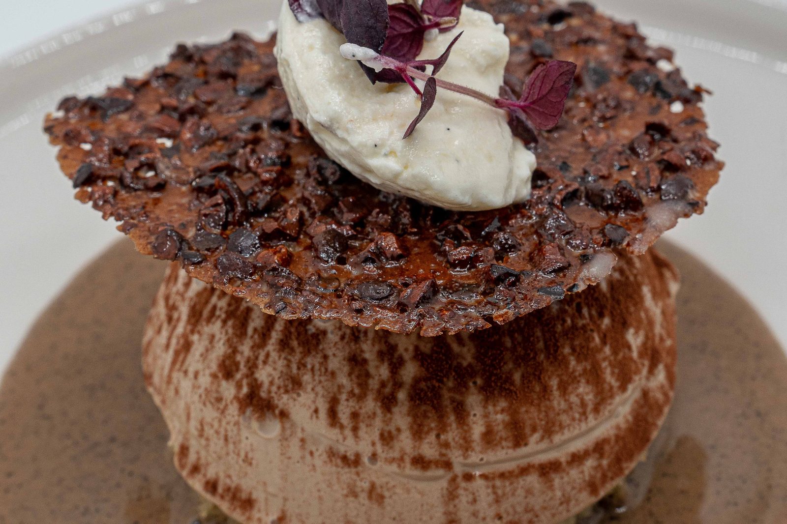 Le Chocolat de L’Apibo : mousse poudrée de cacao, tuile au grué, quenelle vanille et pousses pourpres, dessert servi à Paris 2e