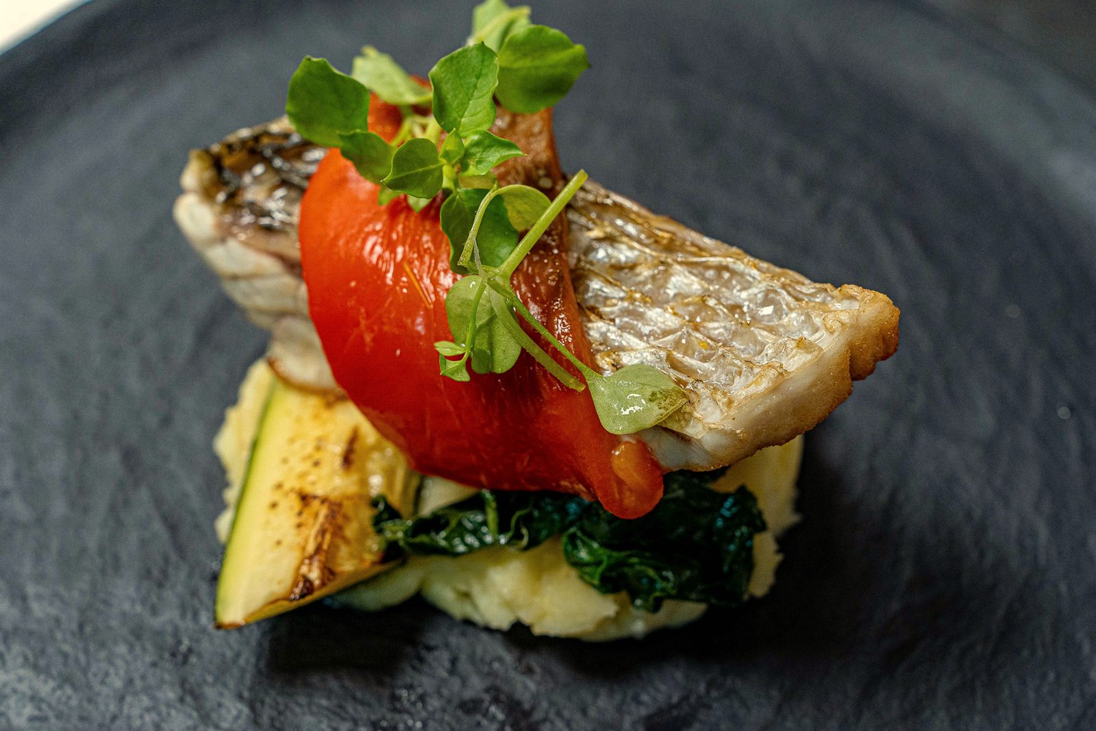 Filet de poisson à la peau croustillante, écrasé de pommes de terre, épinards et courgette grillée, pétale de tomate et jeunes pousses, sur ardoise chez L’Apibo à Paris